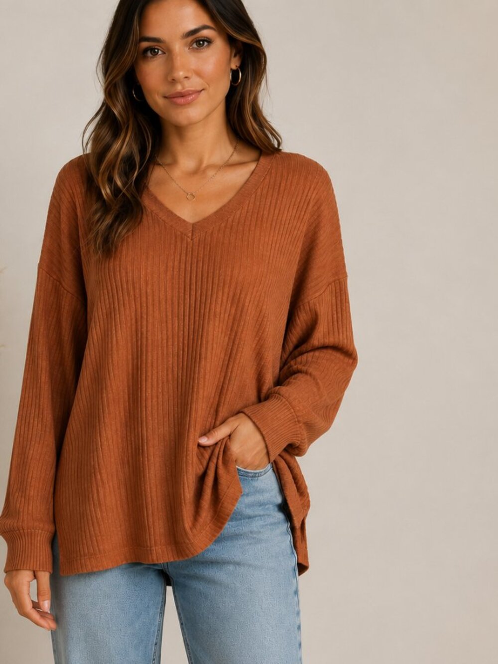 Victory Outfitters XL Rustic Brown Oversized Ribbed V Neck Boho Coastal Cowgirl